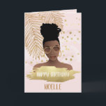 Birthday, Black Woman, Gold Tropical Leaf, Pink Card<br><div class="desc">Black woman with natural hair,  wearing gold jewelry and aviator shades that reflect palm trees. Background is pink with gold metallic streak.</div>