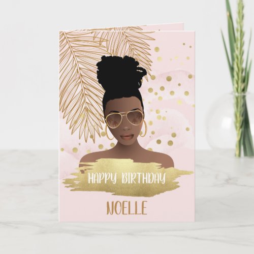 Birthday Black Woman Gold Tropical Leaf Pink Card