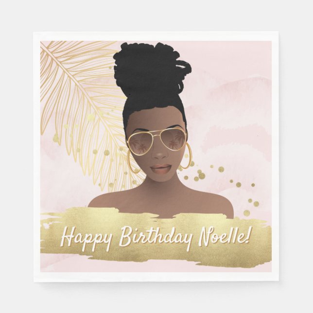 Birthday, Black Woman, Gold Tropical Leaf, Pink Napkins (Front)