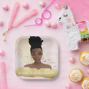 Birthday, Black Woman, Gold Tropical Leaf, Pink Paper Plates