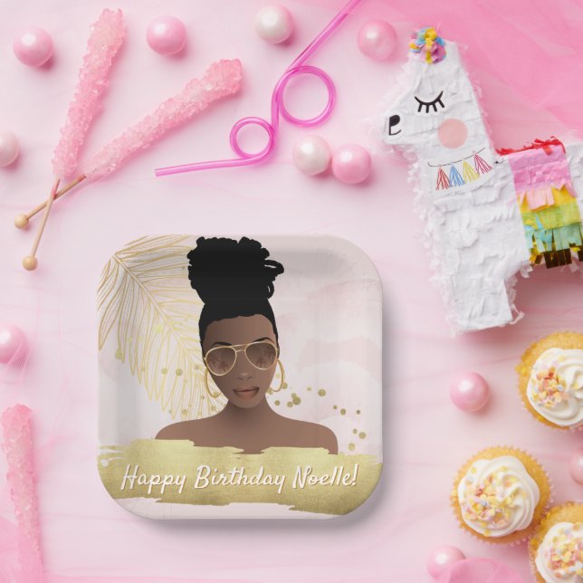 Birthday, Black Woman, Gold Tropical Leaf, Pink Paper Plates (Party)