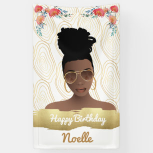 Birthday, Black Woman, Whimsical Flowers Gold Banner