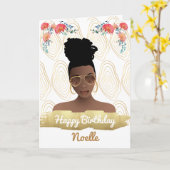 Birthday, Black Woman, Whimsical Flowers Gold Card | Zazzle