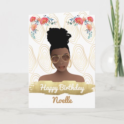 Birthday Black Woman Whimsical Flowers Gold  Card