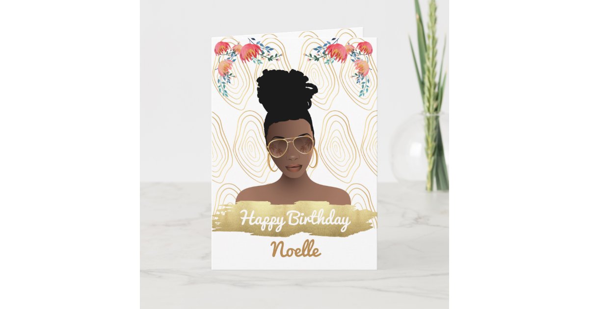 Birthday, Black Woman, Whimsical Flowers Gold Card | Zazzle