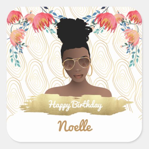 Birthday Black Woman Whimsical Flowers Gold Square Sticker