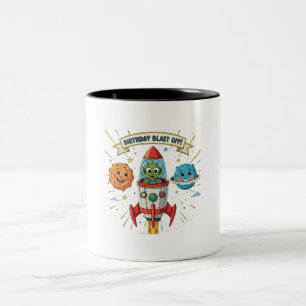 Birthday Blast Off! Cute Alien in Rocket Ship Two-Tone Coffee Mug