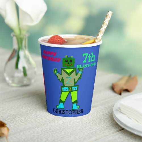 Birthday Blast Off Green Robot Balloons Paper Cups