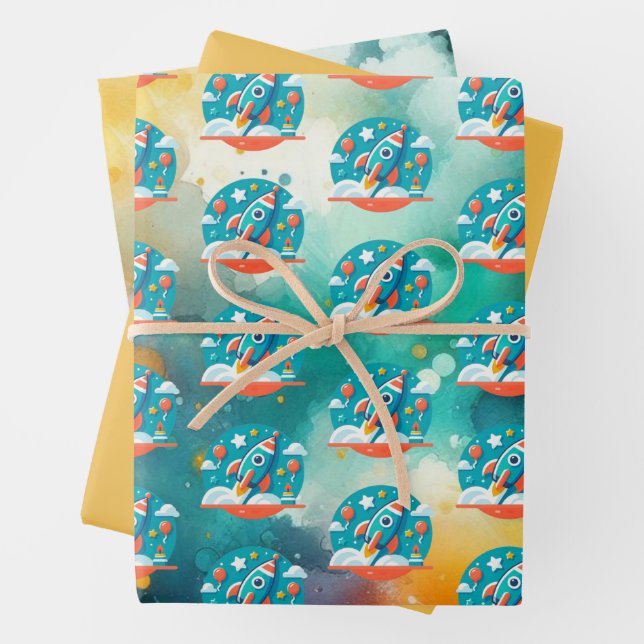 Birthday Blastoff: Rocket Ship Adventure Pattern Wrapping Paper Sheets (In situ)