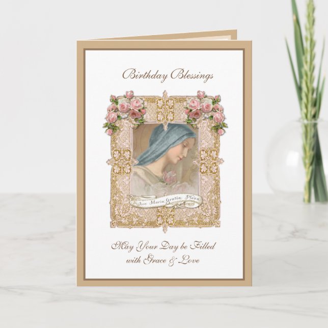 Birthday Blessed Virgin Mary Pink roses  Card (Front)