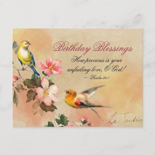 Birthday Blessings Psalm 367 Bible Vintage Birds Postcard
