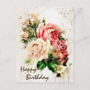 Birthday Blessings Vintage Roses Bible Verse Postcard