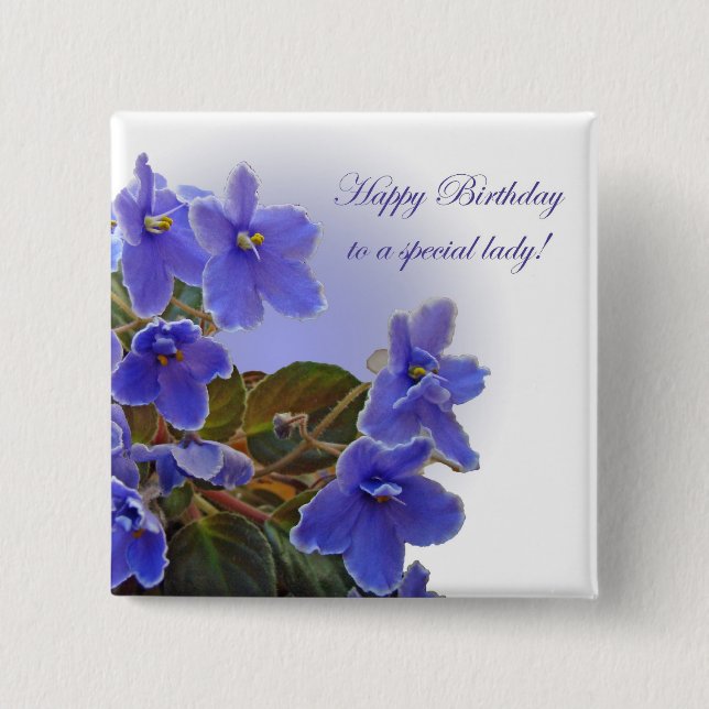 Birthday Blue African Violets Button (Front)