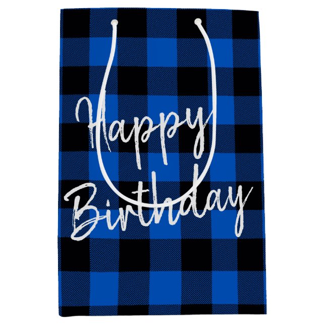 Birthday Blue and Black Buffalo Plaid Medium Gift Bag (Front)