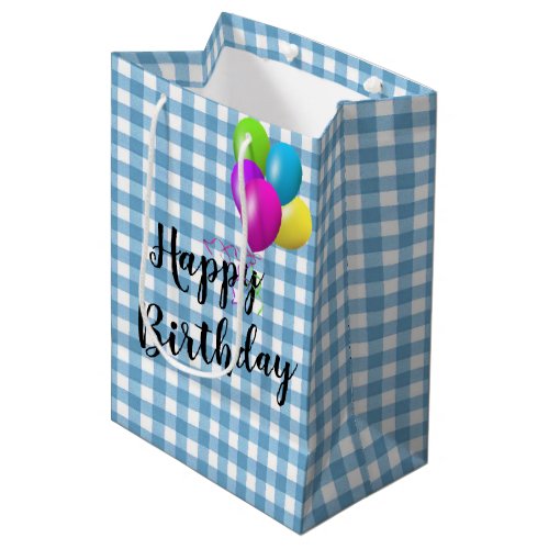 Birthday Blue and White Gingham Medium Gift Bag