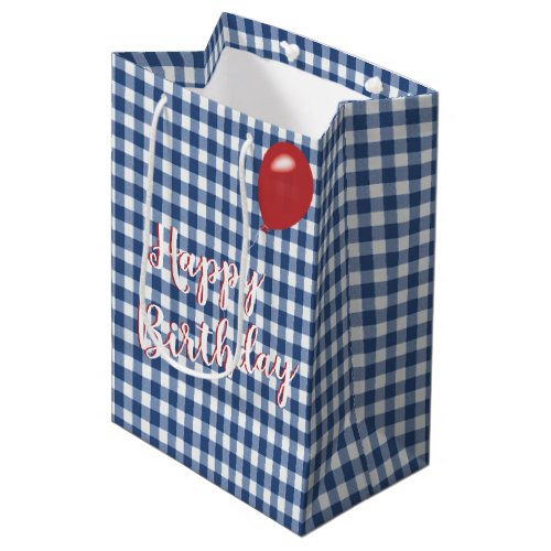 Birthday Blue and White Gingham Medium Gift Bag