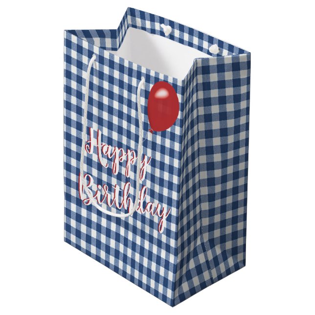 Birthday Blue and White Gingham Medium Gift Bag (Front Angled)