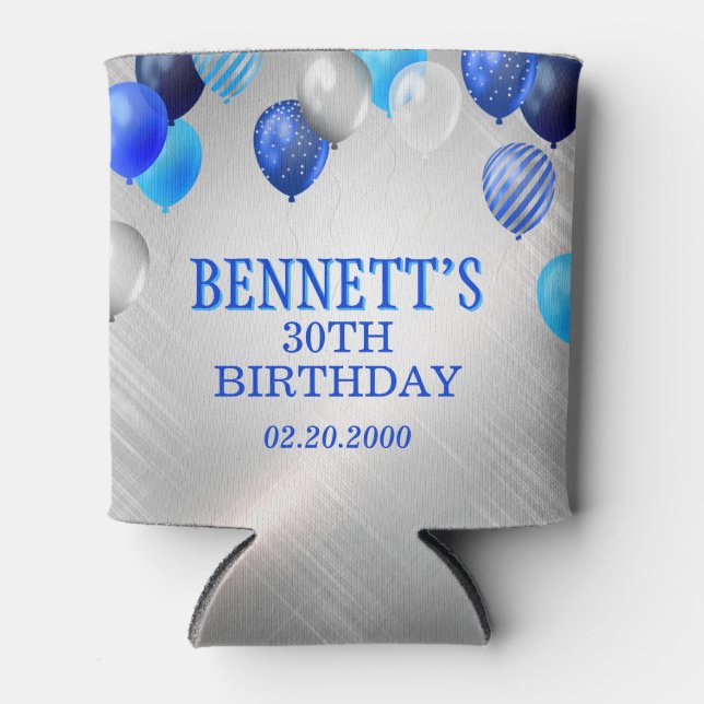 Birthday Blue Balloons Can Cooler (Front)