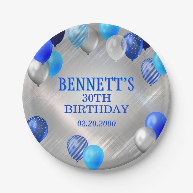 Birthday Blue Balloons Paper Plates (Front)