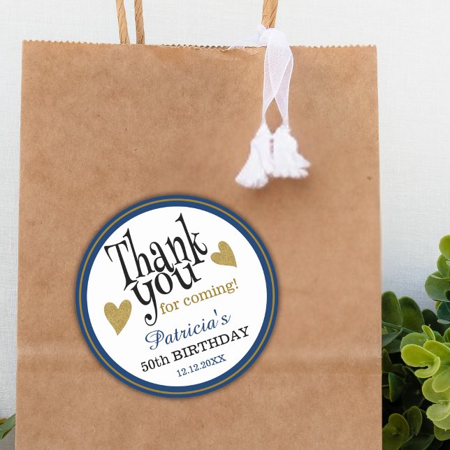 Birthday Blue Black And Gold Thank You Favor Classic Round Sticker (Creator Uploaded)