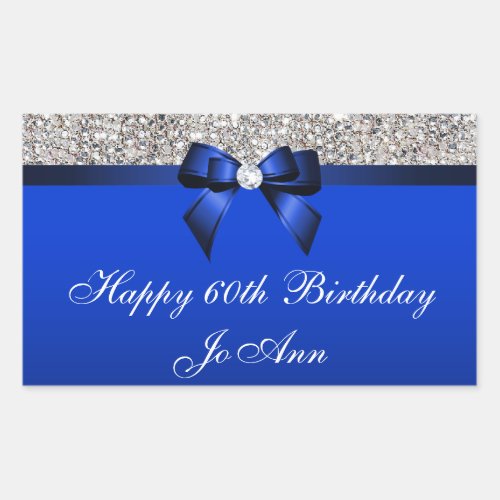 Birthday Blue Bow Silver Sequins Rectangular Sticker
