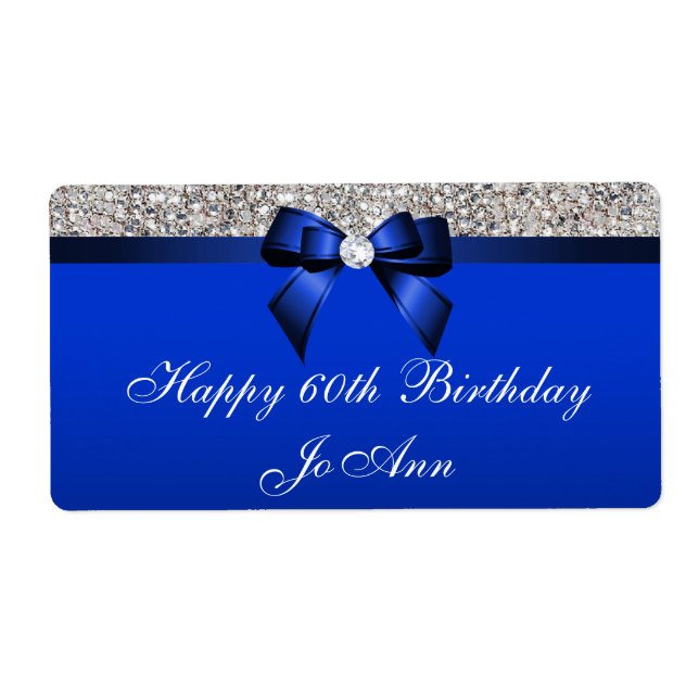 Birthday Blue Bow Silver Sequins Water Labels (Front)