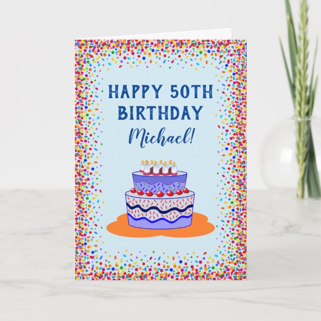 Birthday Blue Cake Colorful Celebration Card (Front)