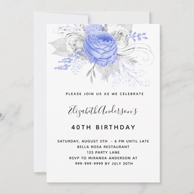 Birthday blue florals elegant silver white invitation (Front)