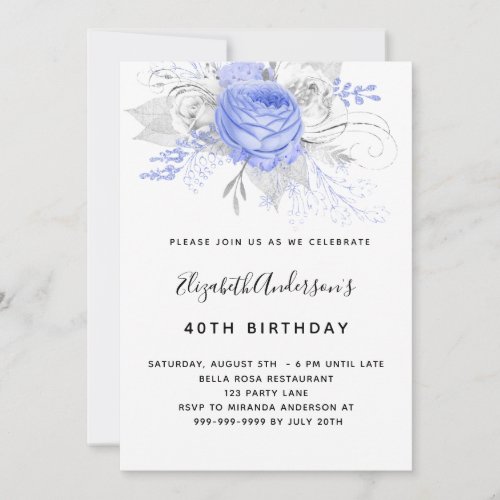 Birthday blue florals elegant silver white invitation