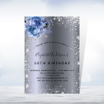 Birthday blue florals silver glitter dust invitation<br><div class="desc">For an elegant 18th (or any age) birthday.  A stylish dark faux silver metallic looking background. Decorated with faux glitter dust and blue florals.  Personalize and add a name,  age and party details. The name is written with a hand lettered style script</div>