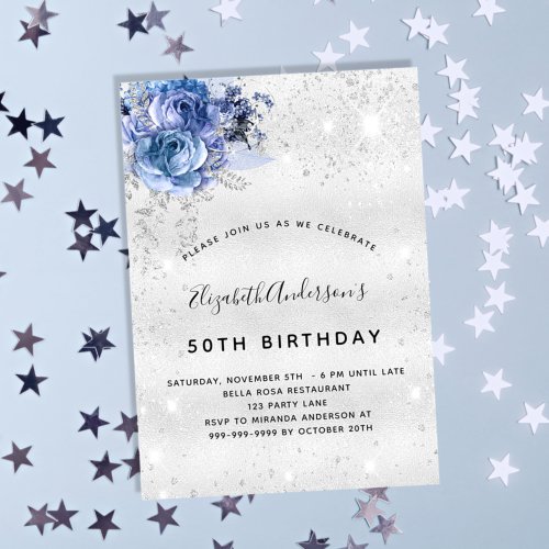 Birthday blue florals silver glitter glamorous invitation