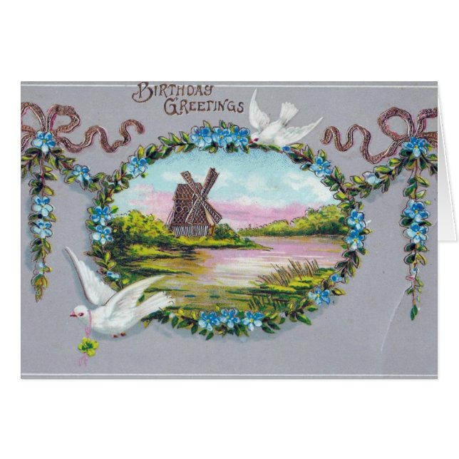 Birthday Blue Flower Wreath Doves Cards (Front Horizontal)