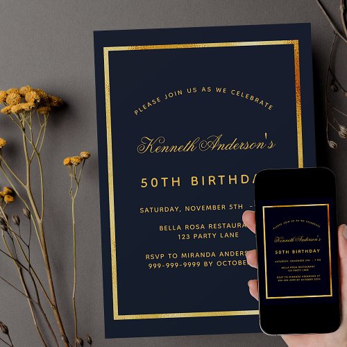 Birthday blue gold classic simple invitation