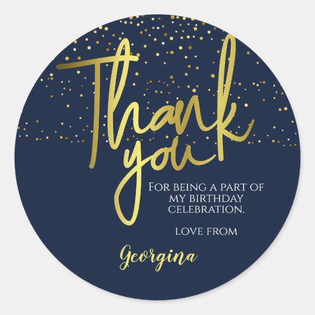 Birthday Blue Gold Typography Thank You Classic Round Sticker (Front)