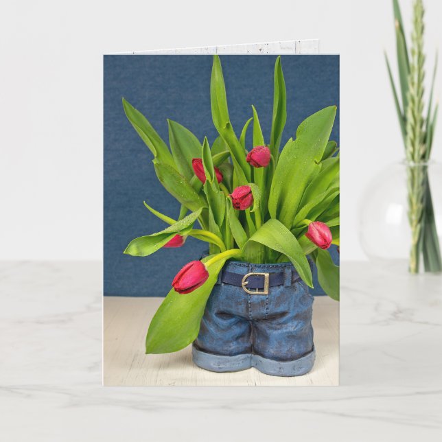 Birthday Blue Jeans Pot With Tulips Card (Front)