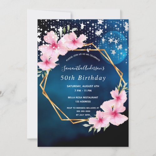 Birthday blue pink florals gold geometric stars invitation