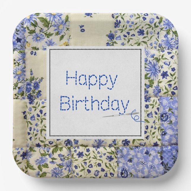 Birthday Blue Quilt with Needle  Paper Plates (Front)