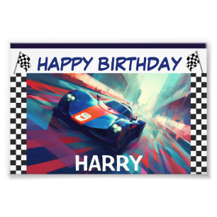 BIRTHDAY BLUE RACING CAR BANNER PHOTO PRINT