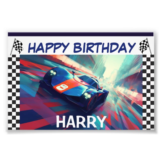 BIRTHDAY BLUE RACING CAR BANNER PHOTO PRINT (Front)