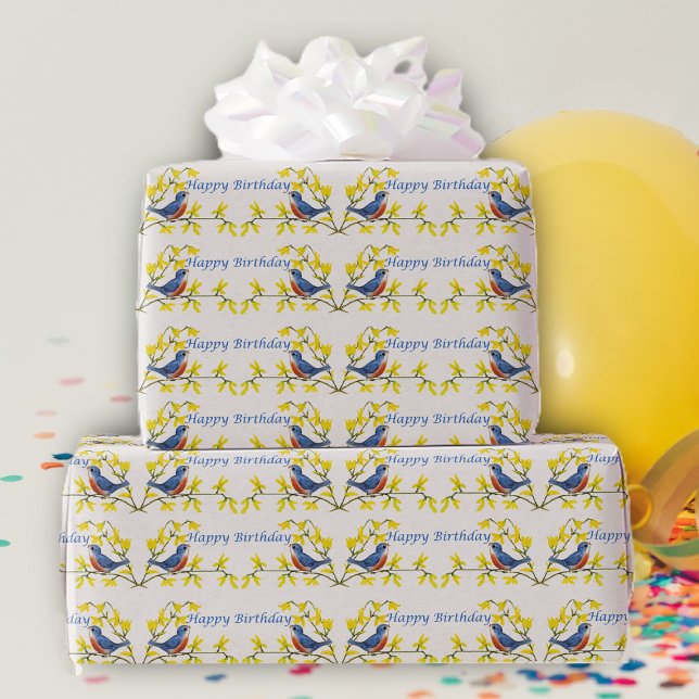 Birthday Blue Red Birds on Branch Flowers White Wrapping Paper (Red blue birds sitting on branches bright yellow flowers on white Happy Birthday wrapping paper.)
