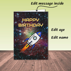 Birthday blue rocket custom name and age card