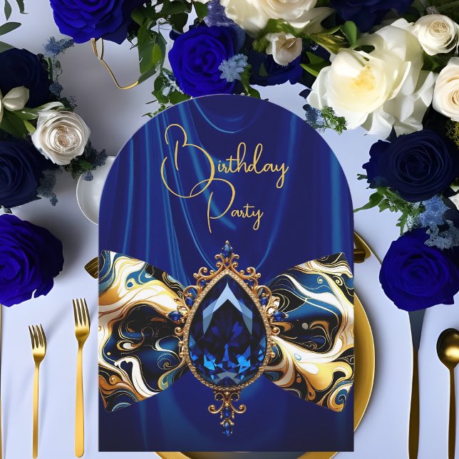Birthday Blue Silk Faux Gold Jewel Paisley Invitation (Creator Uploaded)