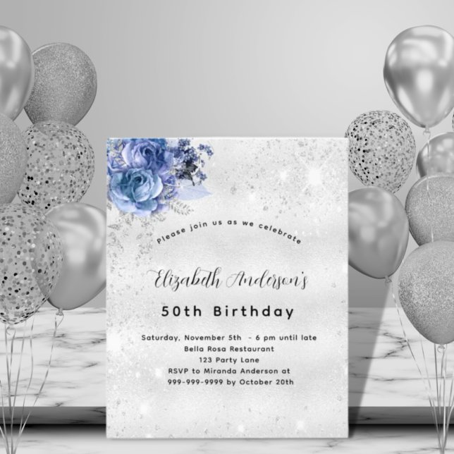 Birthday blue silver florals budget invitation flyer (Creator Uploaded)