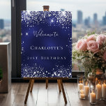 Birthday blue silver glitter welcome foam board<br><div class="desc">A welcome board for a girly and glamorous 21st (or any age) birthday party.  A navy blue background with elegant faux silver dust. The blue color is uneven.  Personalize and add a name and age 21.  White letters. 
Back: no design</div>
