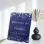 Birthday blue silver stars welcome party pedestal sign<br><div class="desc">A welcome sign for a glamorous 21st (or any age) birthday party.  A navy blue background with elegant faux silver stars. The blue color is uneven.  Personalize and add a name and age 21.  White letters.</div>