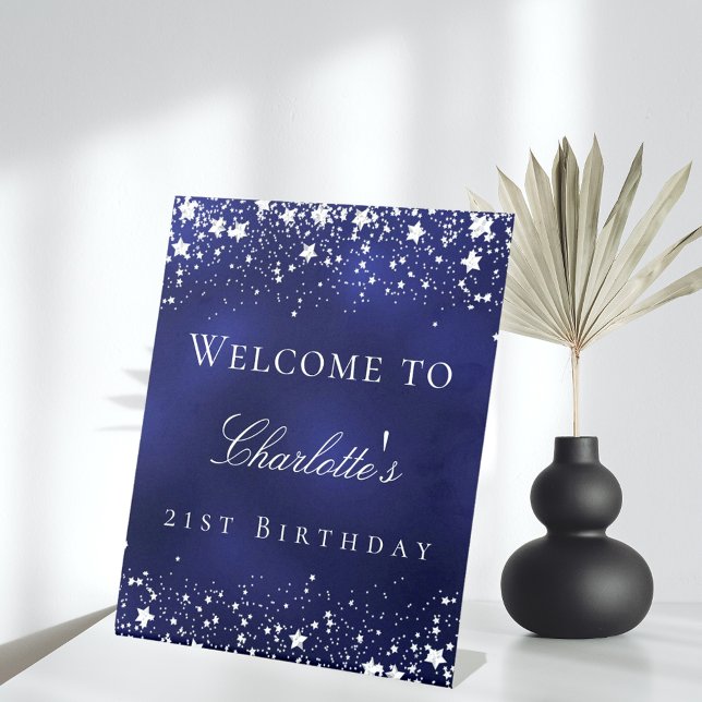 Birthday blue silver stars welcome party pedestal sign (Creator Uploaded)