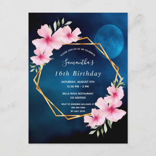 Birthday blue sky moon pink florals postcard