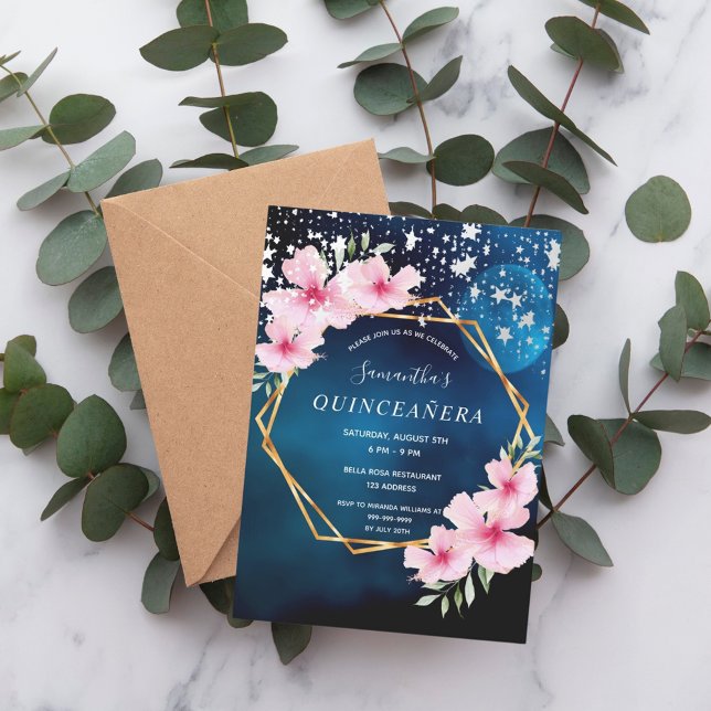 Birthday blue sky stars pink floral gold geometric invitation (Creator Uploaded)