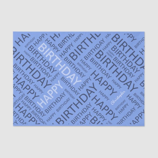 Birthday blue typographic personalized tissue paper (Front)