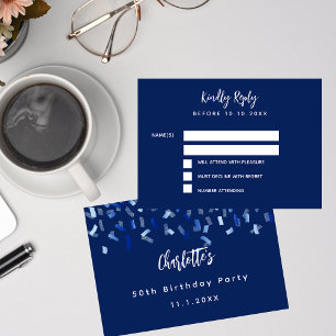 Birthday blue white confetti party RSVP Card
